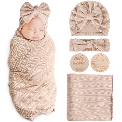 Image of AQOKKA Newborn Receiving Blanket with Bow Hat Headband Wooden Card Set Wheat-Pattern Newborns Toddler Baby Boy Girl Nursery Swaddle Wrap