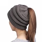 OrliverHL Women's Colorful Beanie Hats with Ponytail Hole Knit Beanies Warm Winter Chunky Skull Cap for Sports Outdoor,Dark Gray