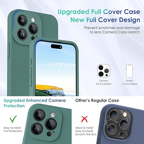 CALOOP Slim-Fit for iPhone 15 Pro Case,Skin Soft Liquid Silicone,Sturdy Hard Frame Shockproof Cover with Anti-Scratch Microfiber Lining,Full Protection for Screen and Camera Lens 6.1 inch(Pine Green) - Image 2