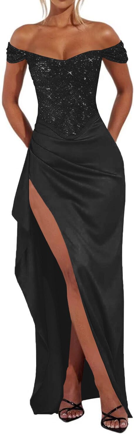 Women's Sparkly Sequin Off Shoulder Prom Dress 2026 High Slit Wedding Guest Dress Formal Evening Ball Gown PD006