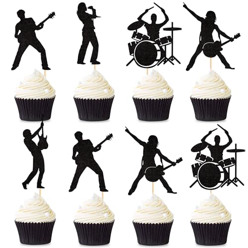 Ercadio 25 Pack Rock Band Cupcake Toppers Black Glitter Band Cupcake Picks Rock Pop Music Theme Cupcake Picks Music Concert Theme Birthday Party Cake Decorations Supplies