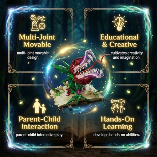 Image of Ancient Magic Book & Cannibal Flower Building Set Fantasy Monster Plant Model Kit for Adults Articulated Venus Flytrap on Spellbook Gothic Home Decor Gift