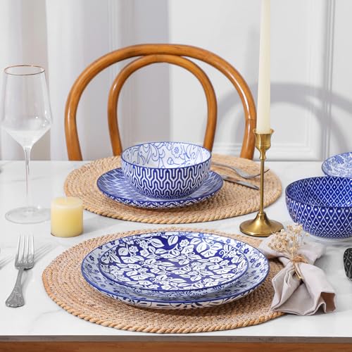 Image of Selamica Ceramic Plates and Bowls Sets,32 Pieces Dinnerware Sets for 8,Scratch Resistant Dish Set for family gathering,Dishwasher & Microwave Safe, Vintage Blue