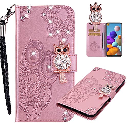 MEIKONST for Samsung Galaxy A12 Wallet PU Leather Glitter Case Diamond Bling Case with Kickstand Scratchproof Full Body Protective Case for Samsung Galaxy A12 Owl Rose Gold YK