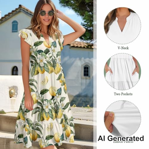 Image of Women's Casual Ruffle Sleeve Dress V Neck Pullover Dress Flowy A-Line Pleated Lightweight Dress with Pockets