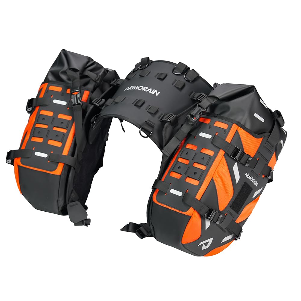 ARMORAIN オートバイ用サドルバッグ 防水 40L ラックレス・ラゲッジシステム ベース取り外し可能 2026年新デザイン アドベンチャー・ライディングギア用 (20L×2) (Orange)