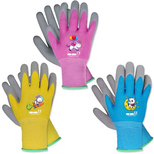 Kids Gardening Gloves, Latex Coated Toddler Yard Gloves, 3 Pairs (5-7 YRS)