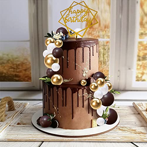 Colorful Ball Cake Topper Mini Balloon Cupcake Topper Diy Foam Ball Artificial Dried Flower Cake Insert Decoration For Wedding Anniversary Baby Shower Birthday Party Supplies (White Gold Brown) #TOP4