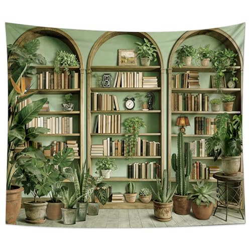QGHOT Sage Green Vintage Tapestry Botanical Bookshelf Tapestry Wall Hanging Fake Potted Office Zoom Video Backdrop for Study Room Bedroom Living Room Decor, 104" x 78.7"