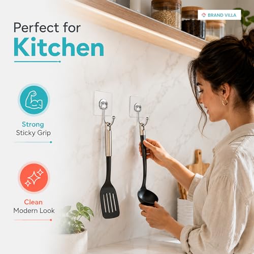 Image of BRAND VILLA Self Adhesive Wall Hooks Pack of 30 Heavy Duty Strong Sticky Waterproof No Drill Wall Hook for Bathroom Kitchen Home Keys Towels Utensils Transparent Utility Hooks