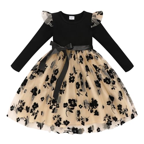 Toddler Girl Tulle Dress Fall Ruffle Long Sleeve Baby Girl Fashion Casual Dresses(Black-Beige,4t)