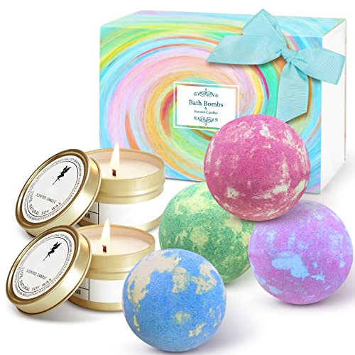 Badebomben Geschenkset mit Duftkerzen, Badekugel natürliche Spa-Kit für Hautpflege und Entspannung,für Freundinnen, Mütter, Väter, Kinder, Ehefrauen, Weihnachts(4 x Badebomben + 2 x Duftkerzen) Cover