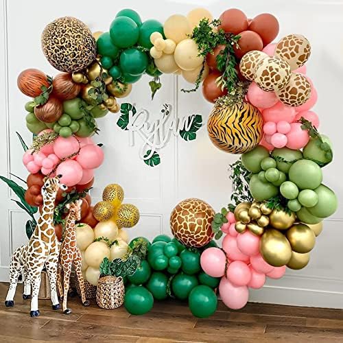 Balloon Arch Kit Jungle Safari,Sage Green Balloon Garland Kit Safari Party Decorations,Pink Green Apricot Coffee Metallic Gold Balloon Pack for Baby Shower Birthday Wedding Safari Theme Party Decor