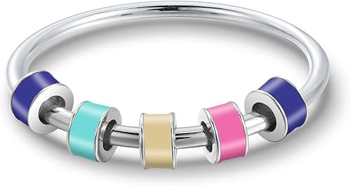 LOVECOM Anillo de plata de ley 925 para aliviar la ansiedad con cuentas de esmalte coloridas anillo giratorio para aliviar el estrés para mujeres y