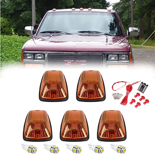 5 X Cab Marker Light, Compatible with 1988-2002 Chevy/GMC C1500 C2500 C3500 K1500 K2500 K3500 Pickup Trucks Amber Lens White LED Cab Roof Running Lights, Top Clearance Light Harness w/Wiring Pack