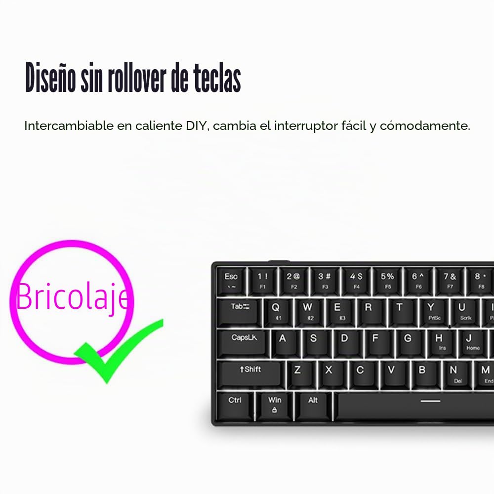 Docooler Teclado mecánico de 61 Teclas con Cable USB out-EMU, retroiluminación LED, admite Intercambio en Caliente, Interruptor Azul/Interruptor Rojo