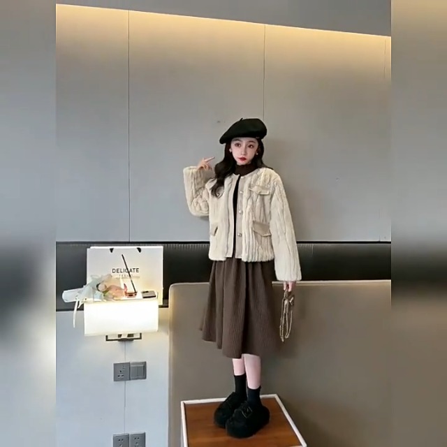 Amazon | [BLZXIAN] 女の子 ファーコート ニットワンピース ボア付き