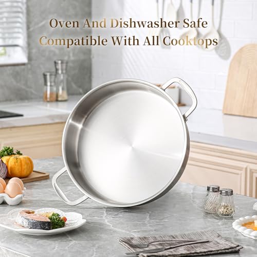 DELARLO 8QT Saute Pan Jumbo Cooker Tri-Ply Stainless Steel Pan, 13Inch Deep Frying Pan with Steel cover, Kitchen Large Skillet,Heavy Duty Style Compatible With All Cooktops Up to 650℉ by DELARLO - Used condition - Image 3