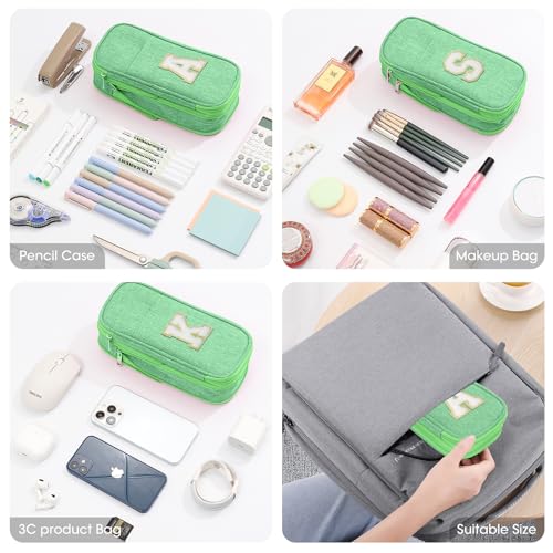 Image of Preppy Pencil Case for School Supplies, Large Initial Pencil Pouch with Zipper, Cute Pencil Bag for Office Supplies, Aesthetic Pen Case Box for Kids Teen Girls Women - S(Green)