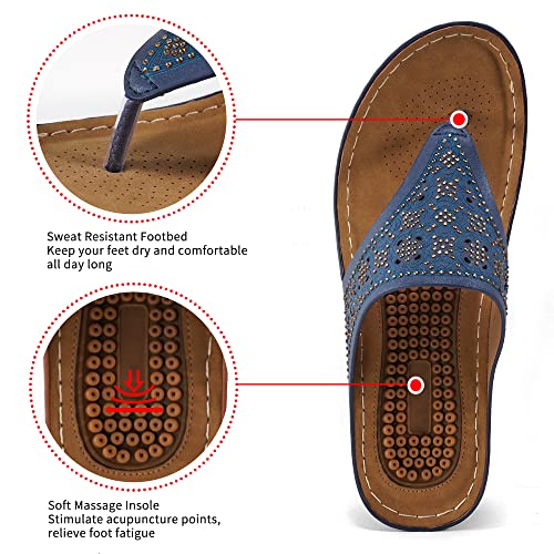 Ecetana Womens Sandals Flip Flops For Women With Arch Support Cushion Summer Casual Rhinestone Wedge Sandal Shoes Massage Function Blue #TOP3