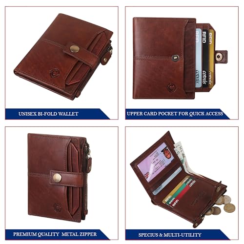 Image of Zipper Genuine Leather Wallet for Men, RFID Safe Full Grain Leather Handcrafted Front Pocket with Detachable Cardholder (Brown Oil Pull-UP)