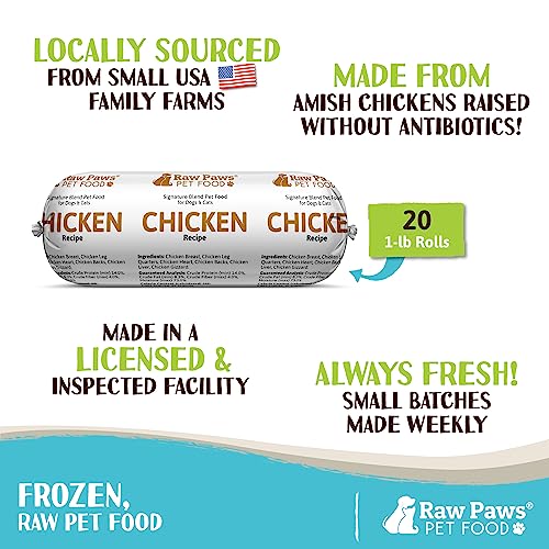 Raw Paws Signature Blend Pet Food for Dog & Cats - Chicken Recipe, 1-lb Rolls (20 Pack) - Fresh Made in USA, Natural Raw Diet Dog Food, Raw Frozen Dog & Cat Food - Meat Roll Dog Food Log