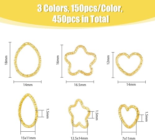 Miniatura 2 de SUPERFINDINGS 450pcs 3 Styles Twist Open Jump Rings 3 Colors Hollow Teardrop Star Heart Frame Connector Metal Jewelry Findings Linkings for DIY
