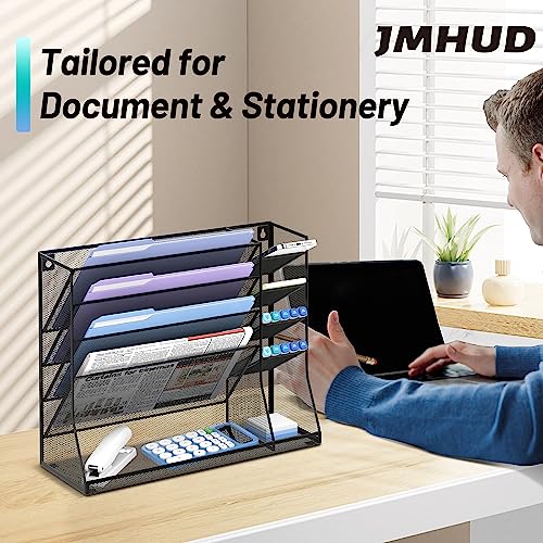 Jmhud Wall Mounted File Organizer, 5-Tier Desk Organizer With 4 Pen Holders, Wall Organizer For Office With R-Shaped Bottom Tray, Mesh Desk Organizers And Accessories For Office Supplies, Black #TOP1