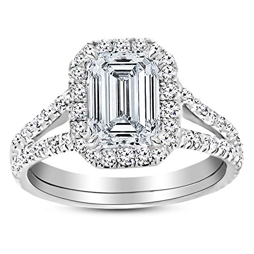 14K White Gold 3.75 Carat LAB GROWN DIAMOND Split Shank Emerald Cut Diamond Engagement Ring (D-E Color VS1-VS2 Clarity 3 Ct Center)