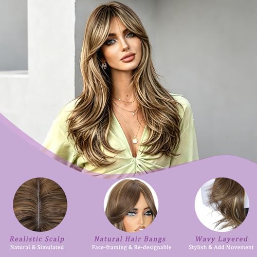 Long Layered Honey Brown Mix Blonde Wig with Bangs Synthetic Wigs for Women — view 2