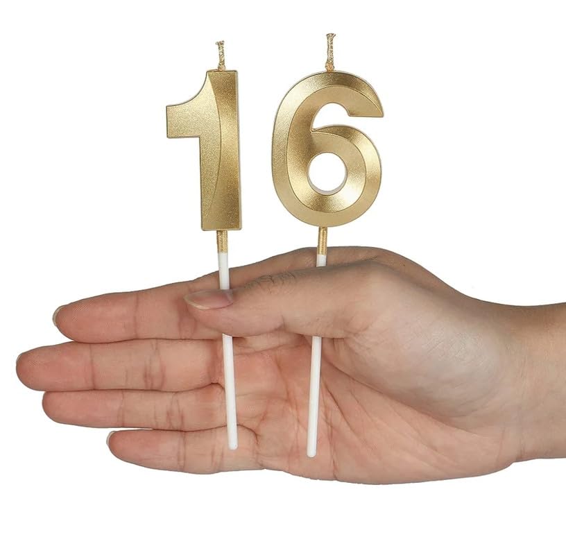 Image of Number Unscented Wax Candles 3 Inch for Birthday, Wedding, Engagement, Valentines Day Celebration, Theme Party, Bridal Shower, Bachelors Decoration Gold(Numerical No 16 or 61)