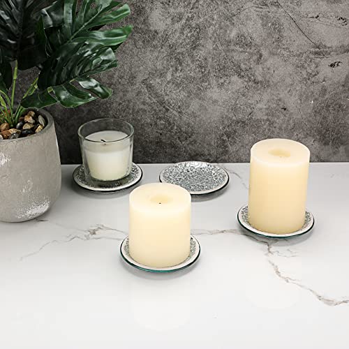Ownmy Set Of 4 Silver Mosaic Glass Candle Plates 4 Inch Pillar Candle Holder Plates, Glass Mosaic Candle Coasters Small Round Candle Trays Decorative Glass Pillar Candle Stands For Table Centerpieces #TOP4
