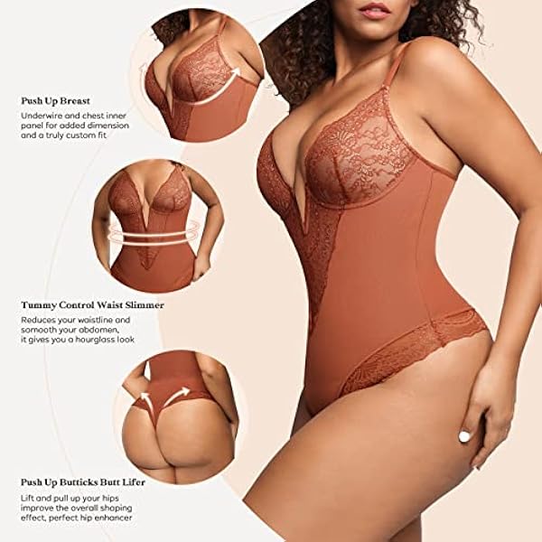 Popilush Body Moldeador Reductor de Encaje Faja Mujer Cuello en V Control de Barriga Escotado por Detrás Camisetas sin Mangas Tanga Bodysuit