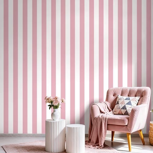 Qianglive Pink and White Striped Wallpaper 17.3x80 Pink Striped Peel and Stick Wallpaper Waterproof Contact Paper Modern Self-Adhesive Vinyl Wall Paper for Bedroom Bathroom Nursery