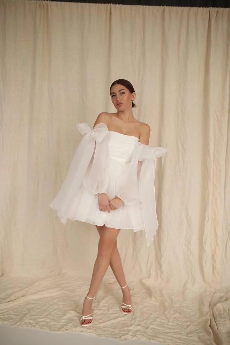 Short Wedding Dresses for Bride Long Sleeve Organza Bridal Gown Pleated Off Shoulder Wedding Dress with Bow