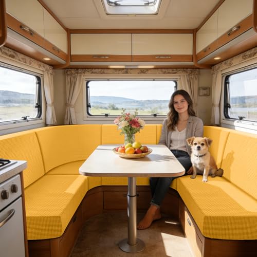 SYLC Fundas De Cojín para Caravanas con 2 Correas, Jacquard Elástica Funda Cojin Sofa Ajustable, Capas Sofa Asiento para Auto RV Comedor (Golden,W 70-95 cm, D 40-65 cm)