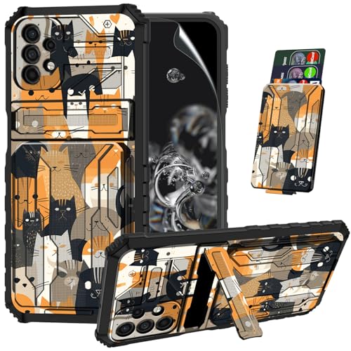 ACWDMKH for Samsung Galaxy A53 5G Case with Screen Protector & Kickstand & Card Holder Dual Layer Hybrid Heavy Duty Shockproof Phone Case for Galaxy A53 5G,Cat Family