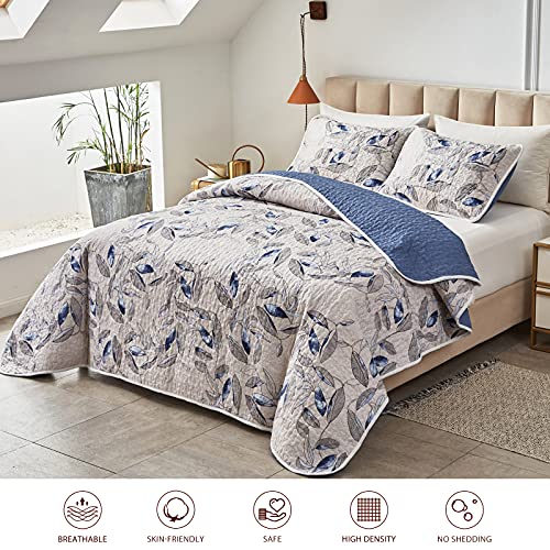 Joyreap 3 Pieces Microfiber Quilt Set, Botanical Blue Leaves On Light Gray Reversible Design, Bedspread Bed Cover For All Season, 1 Quilt And 2 Pillow Shams (Full/Queen, 90X90 Inches) #TOP1