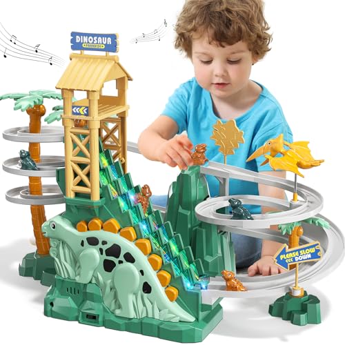 JUKUDAHU Dinosaur Climbing Slide Stair Toy for Toddlers Aged 3 4 5 6 7 8 - Racing Track Game Set, Sliding Car Toy, Dinosaur Themed with Light and Music, Birthday Dinosaur Gifts for Boys Girls Kids