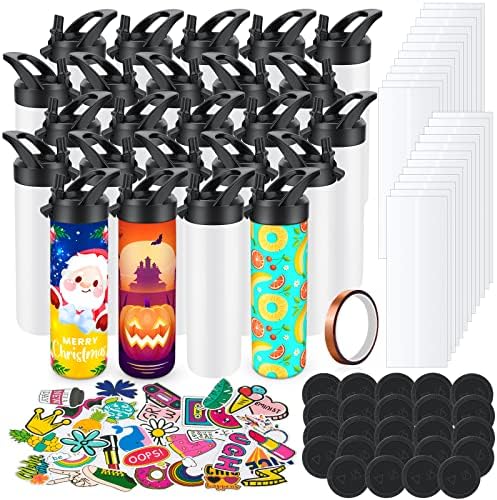 24 Pack 20oz Sublimation Tumbler Set Triple-Insulated Stainless Steel Sports Water Bottle with Straw Lid Blank Sublimation Cup with DIY Stickers, Shrink Wrap, Rubber Base, Heat Tape for Heat Transfer