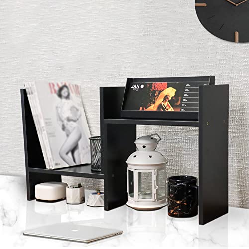 Masaka B&W - Japanese Style Desktop Organizer Double H Plants Display Shelf, Office Desktop Storage Rack, Adjustable Stackable Office Supplies Desk Organizer - Free Standing Shelf Black #TOP4