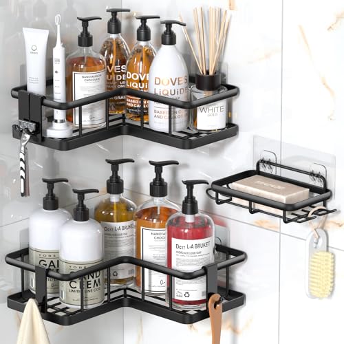 YASONIC Étagère de douche d'angle sans perçage, lot de 3, étagère de douche d'angle sans perçage, étagère de salle de bain, étagère d'angle, noir