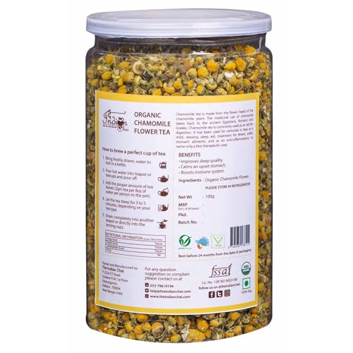 Image of The Indian Chai - Organic Chamomile Tea 200g | Helps with Immunity, Sleep, Stress & Anxiety | Caffeine Free Herbal Tea | Loose Camomile Flowers