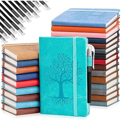 Estune Tree Small Notebooks Pen Leather Lined Pocket Subject Notebooks Hardcover Pocket Notepad Cute Ruled Leather Journals with Pen Holder for Men Women School Business, A6 (Classic Color,60 Pcs) Cover