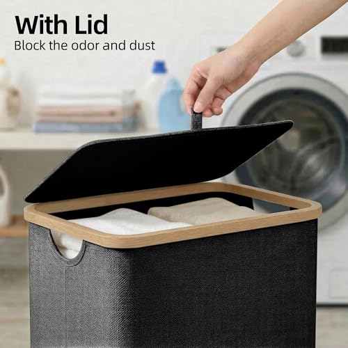 efluky Slim Laundry Basket with Lid, Narrow Laundry Hamper with Removable Bag, Skinny Dirty Clothes Basket with Bamboo Handles for Bathroom, Bedroom & Laundry Room, 65L Black by efluky - Used condition - Image 2