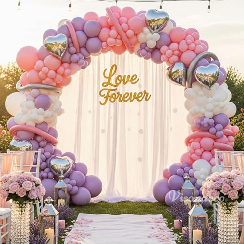 Image of Pink and Purple Balloon Arch Kit - Purple and Pink Balloons Garland with Silver Heart Foil for Girls Birthday Party, Baby Shower, Wedding, Bridal Shower, and Princess Theme Decorations