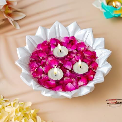 Image of eCraftIndia White Beautiful Decorative Lotus Urli Bowl for Home Decor | Urli Set for Decoration Floating Flowers Tea Light Candle Holder | Diwali Decoration Items Gifts for Family and Friends