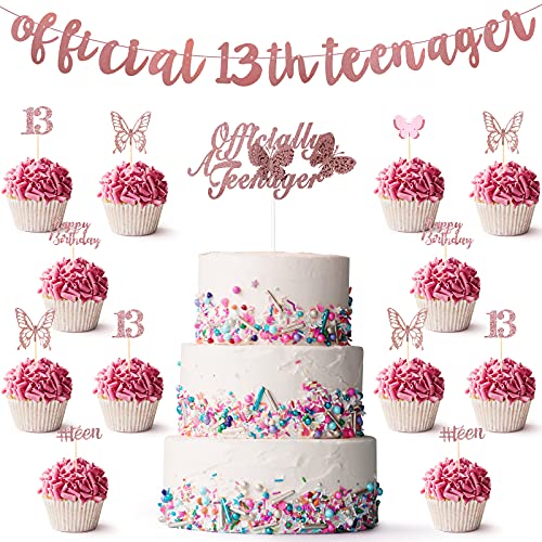 42 Pieces 13th Birthday Cake Topper Decor Set Officially 13th Teenager Banner with Cupcake Topper Happy Birthday Hollow Butterflies Glitter Cupcake Topper for 13th Birthday Anniversary