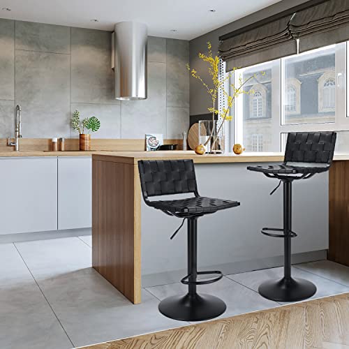 Finnhomy Bar Stools Modern Woven Leather, Set Of 2 Counter Height Swivel Barstools With Footrest And L Shape Back, Adjustable Height Kitchen Bar Chairs, Black #TOP3