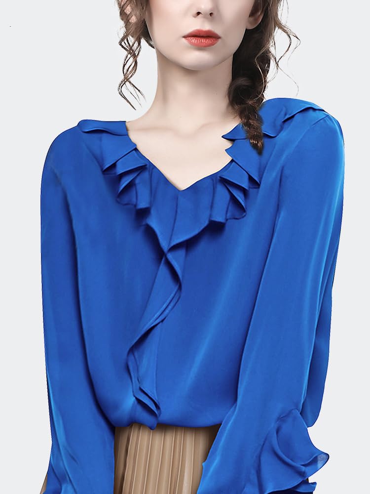 Camisa Tejida Azul con Cuello en V y Manga de Mariposa para Mujer, Blusa Holgada con Volantes para Primavera y Verano, Blusas de Trabajo Informales Suaves y Lisas (Azul M)